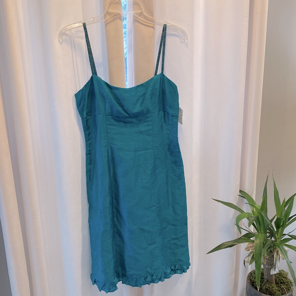 Nanette Lepore Aqua Linen Spaghetti Strap Sun Dress Ruffled Hem Size 8 Nwt Vtg